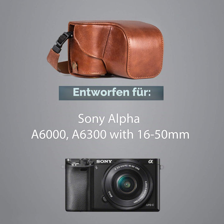 MegaGear Sony Alpha A6300, A6000 (16-50 mm) Ever Ready Echtleder Kamera-Case mit Trageriemen und Bat