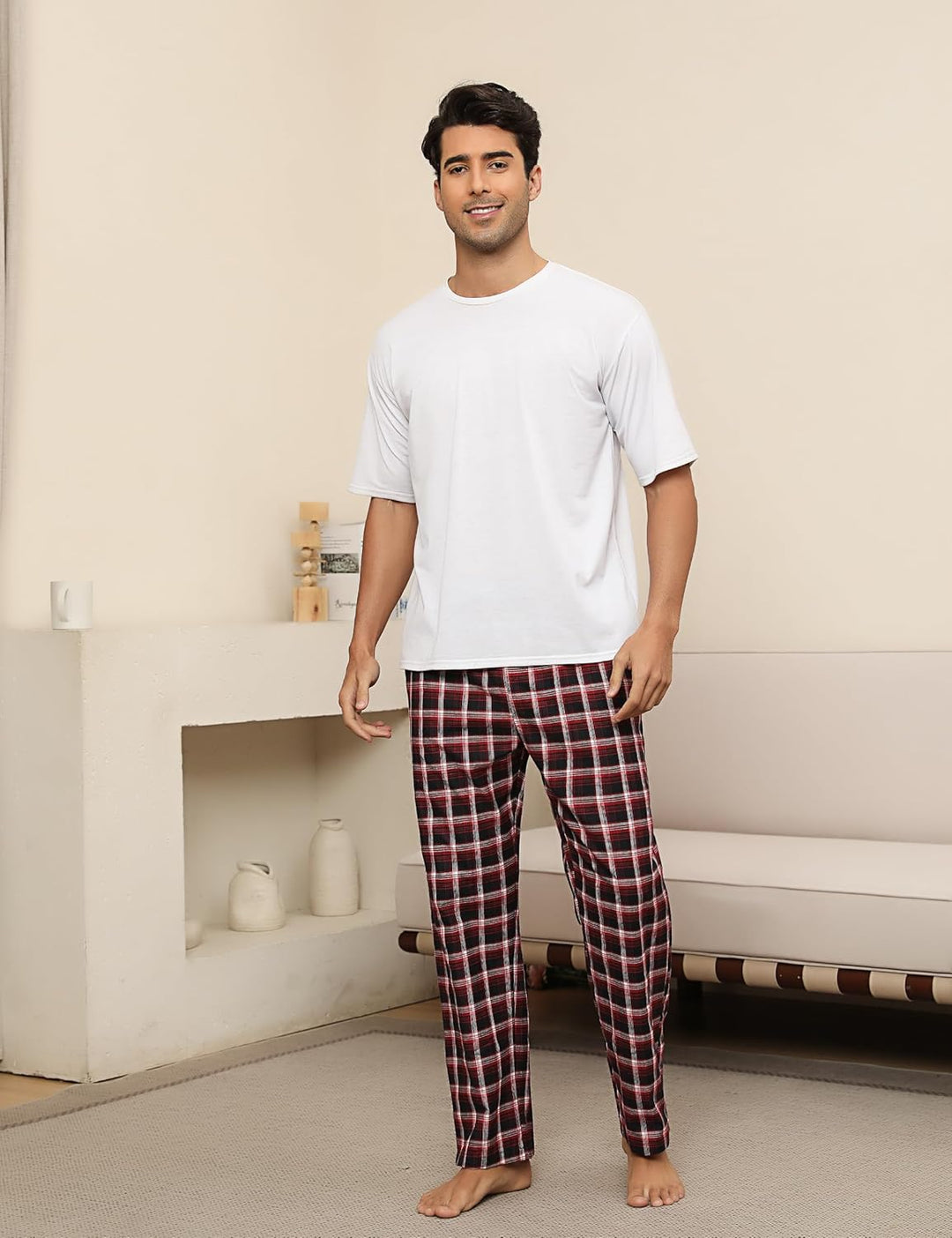 Litherday Schlafanzughose Herren Lang Kariert Pyjamahose 100% Baumwolle Nachtwäsche hose mit Taschen