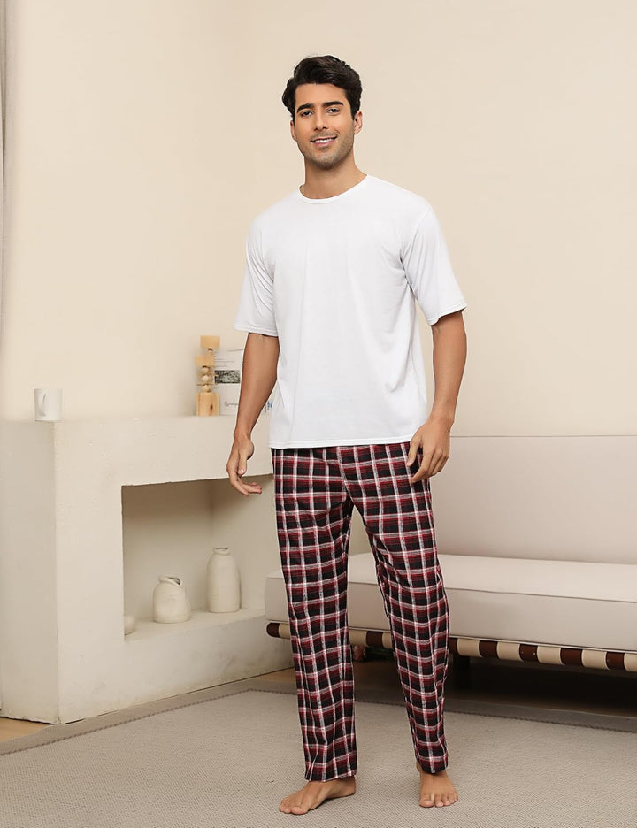 Litherday Schlafanzughose Herren Lang Kariert Pyjamahose 100% Baumwolle Nachtwäsche hose mit Taschen