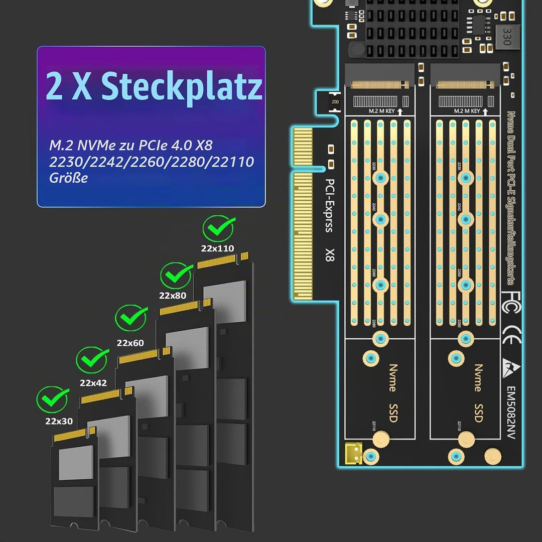 GLOTRENDS PA21 Dual M.2 NVMe zu PCIe 4.0 X8 Adapter ohne PCIe-Verzweigung, Einrichtung von Soft M.2