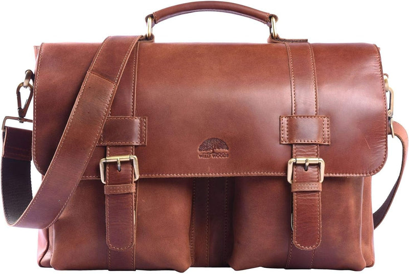 WILD WOODS | XL Aktentasche aus Echtleder | 15,6 Zoll Laptopfach | Ledertasche zum Umhängen mit vers