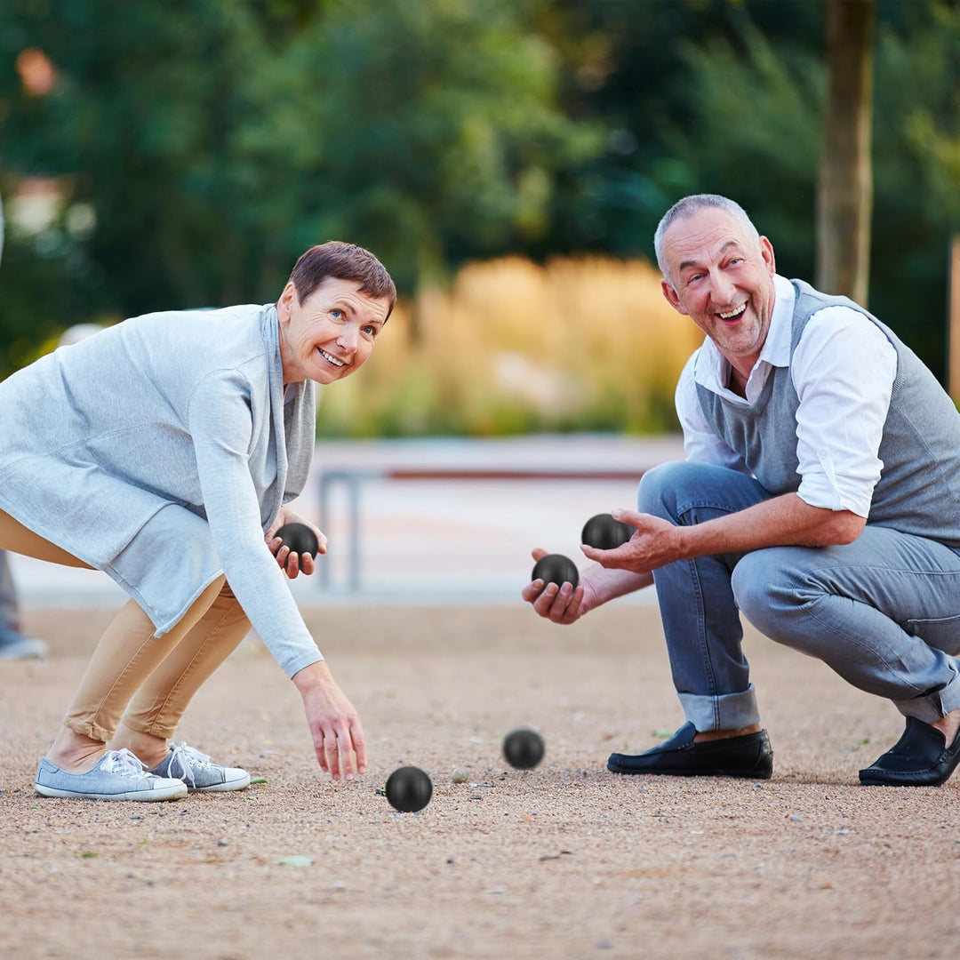 Relaxdays Boule Kugeln, 6 Metall-Kugeln, Set mit Zielkugel & Abstandsmesser, Tragetasche, Boccia Spi