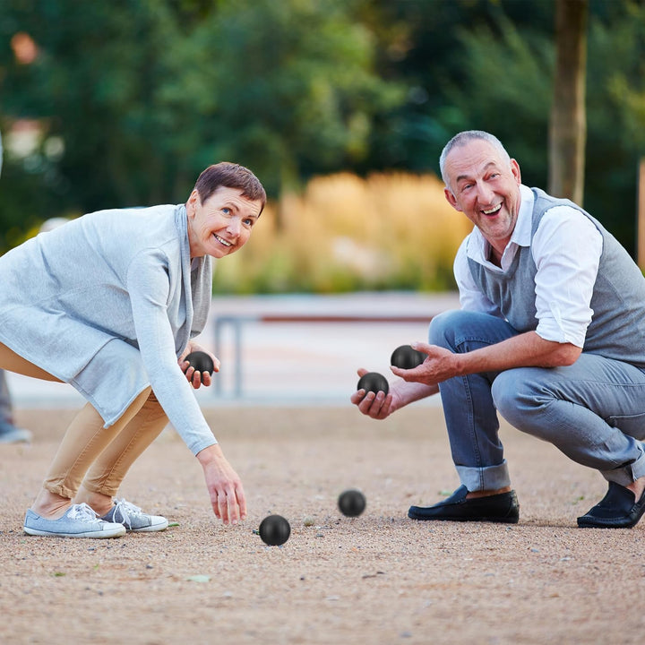 Relaxdays Boule Kugeln, 6 Metall-Kugeln, Set mit Zielkugel & Abstandsmesser, Tragetasche, Boccia Spi