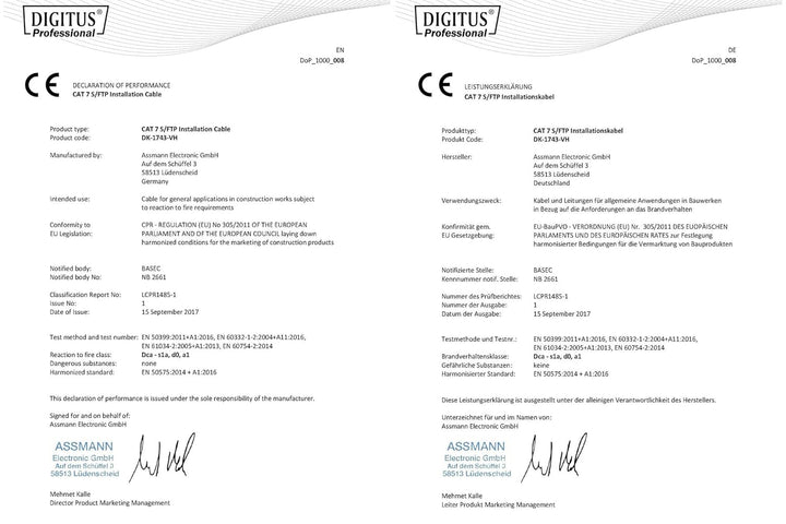 DIGITUS Netzwerkkabel Cat 7 – 100 m – S/FTP Duplex – BauPVO Dca | LSZH Halogenfrei – AWG 23/1 – PoE+