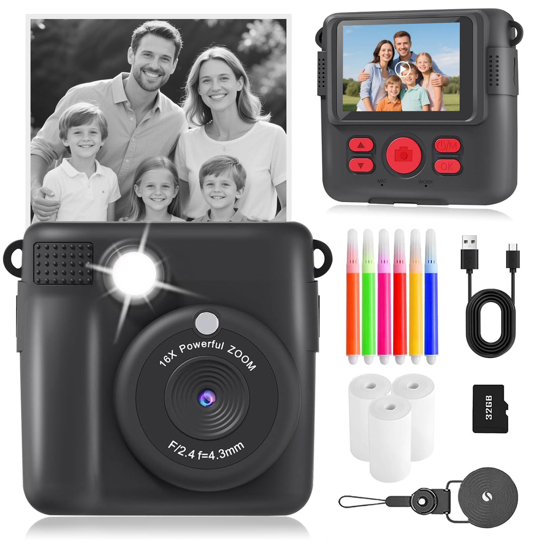 Kinderkamera Sofortbildkamera, 1080P HD Digitalkamera Kinder mit 2,4 Zoll 32G Karte und Fotopapier D