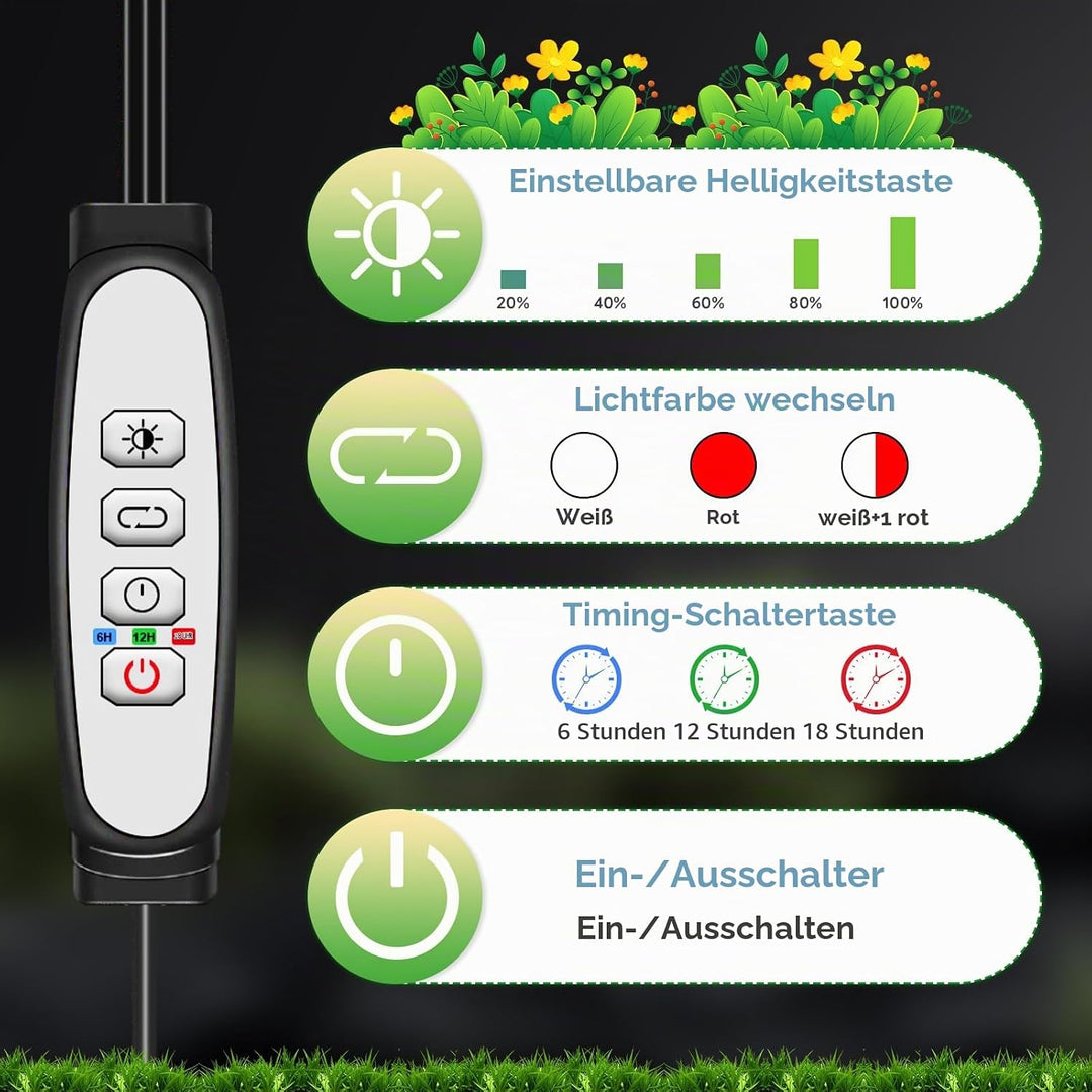 1Pack 3Köpfe Pflanzenlampe LED, Pflanzenlicht Vollspektrum, Pflanzenleuchte mit Zeitschaltuhr, 3 Far