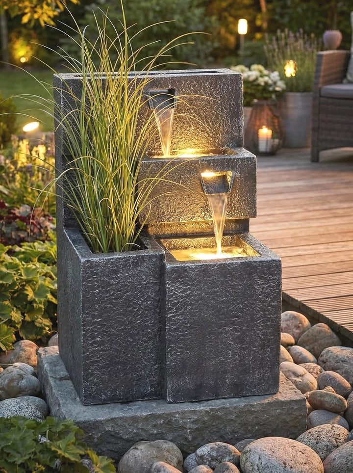 Arnusa Springbrunnen Grada Bepflanzbar mit LED Beleuchtung, Wasserfall Gartenbrunnen Kaskade