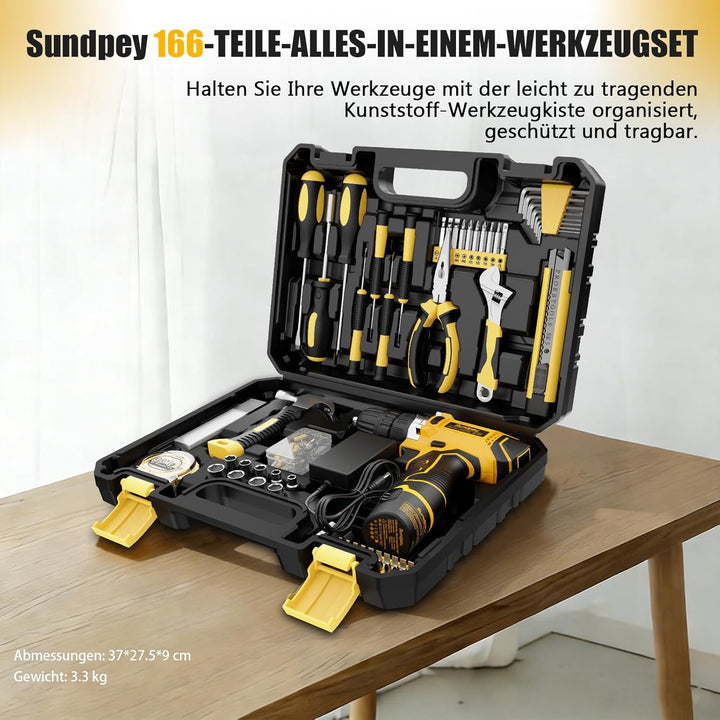 Sundpey Werkzeugkoffer Gefüllt 166tlg, 12V Akkuschrauber zum Anziehen/Lösen von Schrauben, Komplette