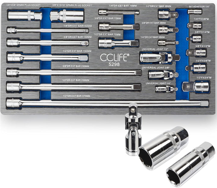 CCLIFE 23tlg Steckschlüssel Verlängerung Satz 1/4' 3/8' 1/2' Ratsche Knarre Verbindungsteile inkl. S