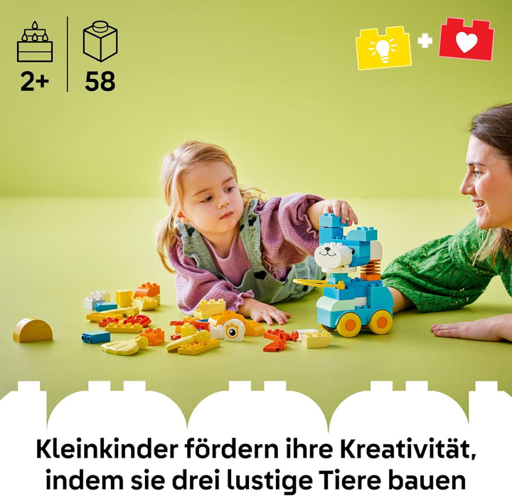 LEGO DUPLO Town Tiere auf Rädern 3-in-1-Set - Montessori Spielzeug zum Bauen von Ente, Fisch oder Hu