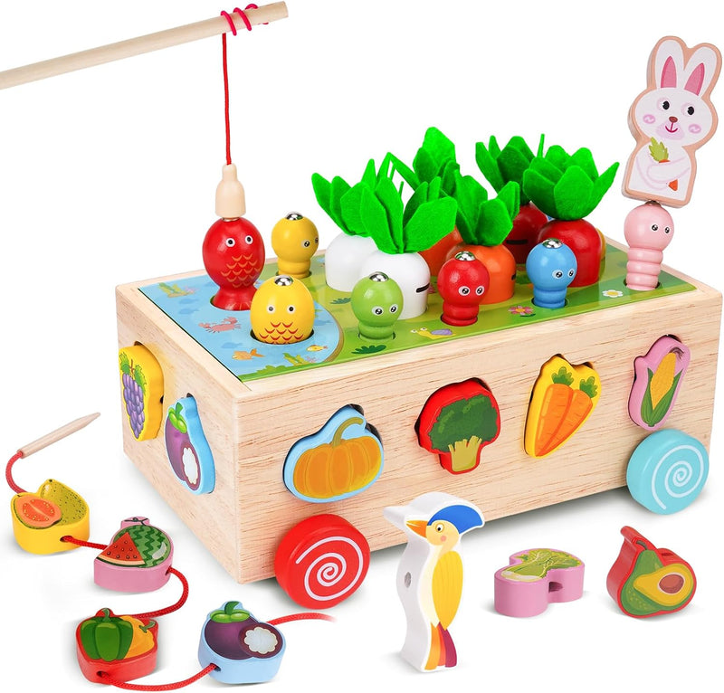 Goffii Montessori Spielzeug, Kinder Baby 8-in-1 Holzspielzeug, Bauernhof Autos, Karotten ernten Sort