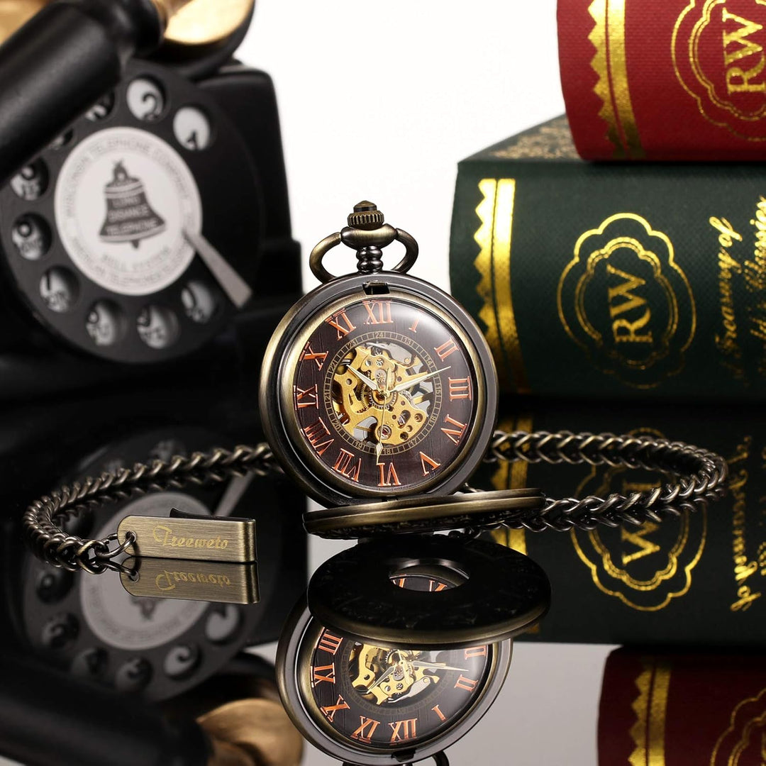 TREEWETO Unisex Holz Taschenuhr mit Kette Analog Handaufzug Römische Ziffern Mechanisch Steampunk Sk