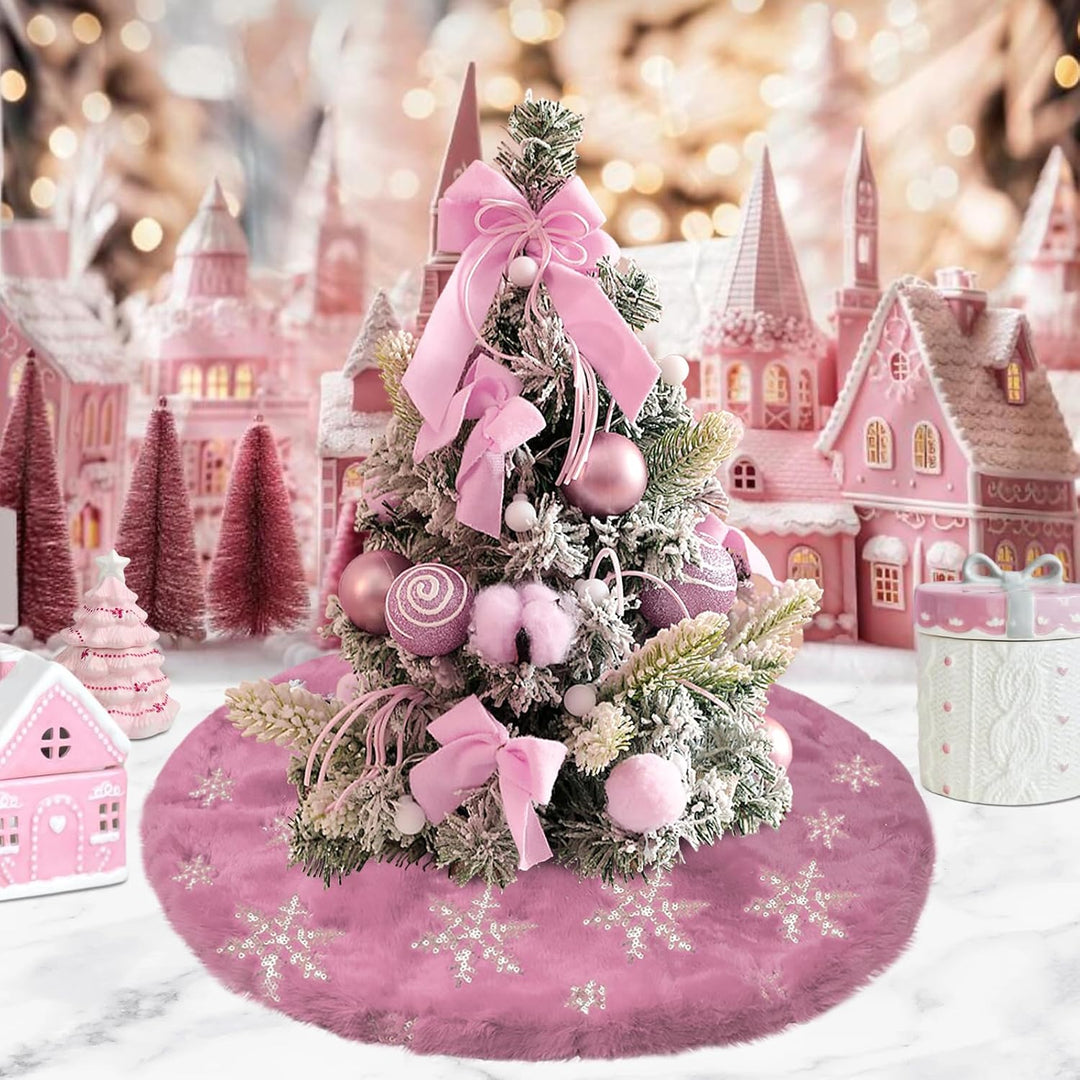 Weihnachtsbaum Decke Klein Rosa, 60cm Mini Tannenbaum Decke Kunstfell, Christbaumdecke mit silberner