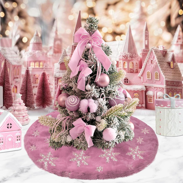 Weihnachtsbaum Decke Klein Rosa, 60cm Mini Tannenbaum Decke Kunstfell, Christbaumdecke mit silberner
