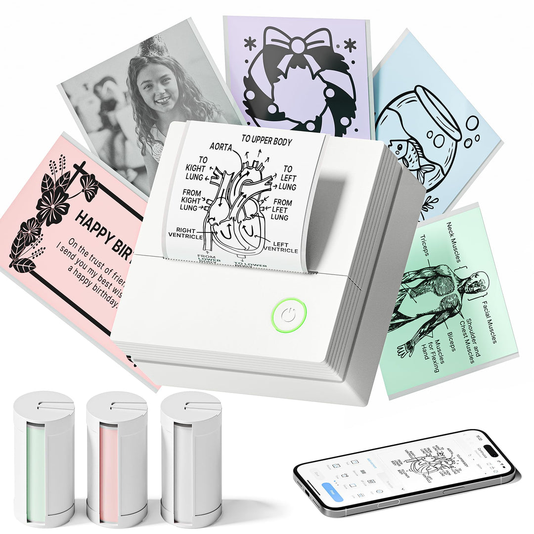 Sticker Drucker, PM290 Mini Drucker für Smartphone, Bluetooth Thermodrucker Mini mit 3 Rollen Papier