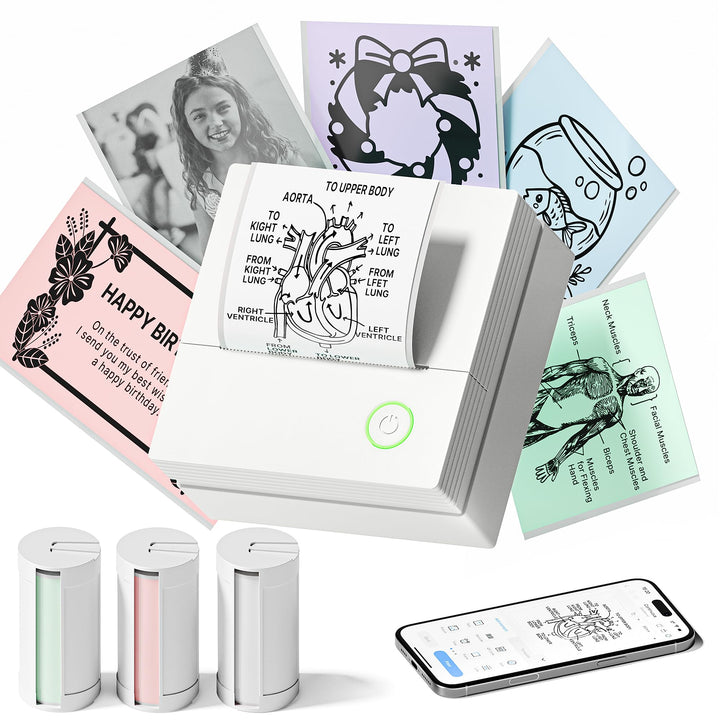 Sticker Drucker, PM290 Mini Drucker für Smartphone, Bluetooth Thermodrucker Mini mit 3 Rollen Papier