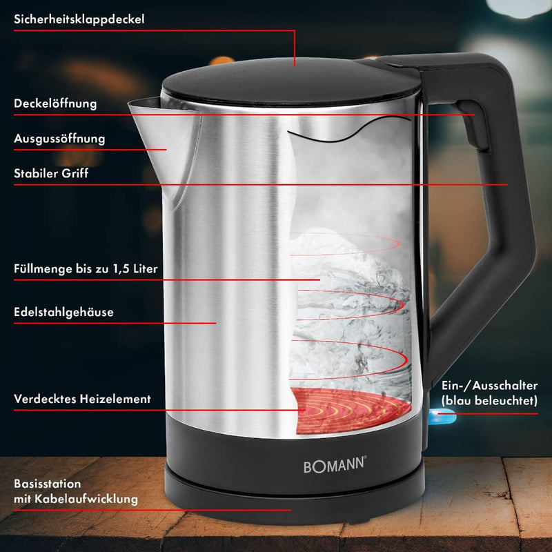 Bomann WKS 3002 CB Wasserkocher 1,5 L, verdecktes Edelstahlheizelement, automatische Abschaltung, Ba