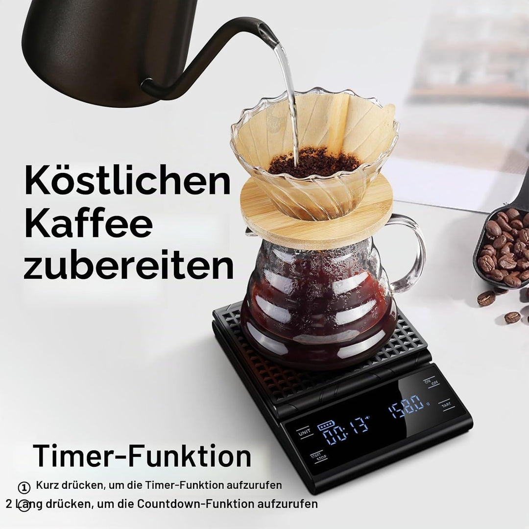 Digitale Kaffeewaage mit Timer 0,1g/5kg Hochpräzise Küchenwaage mit LED-Anzeige Tara Funktion und To