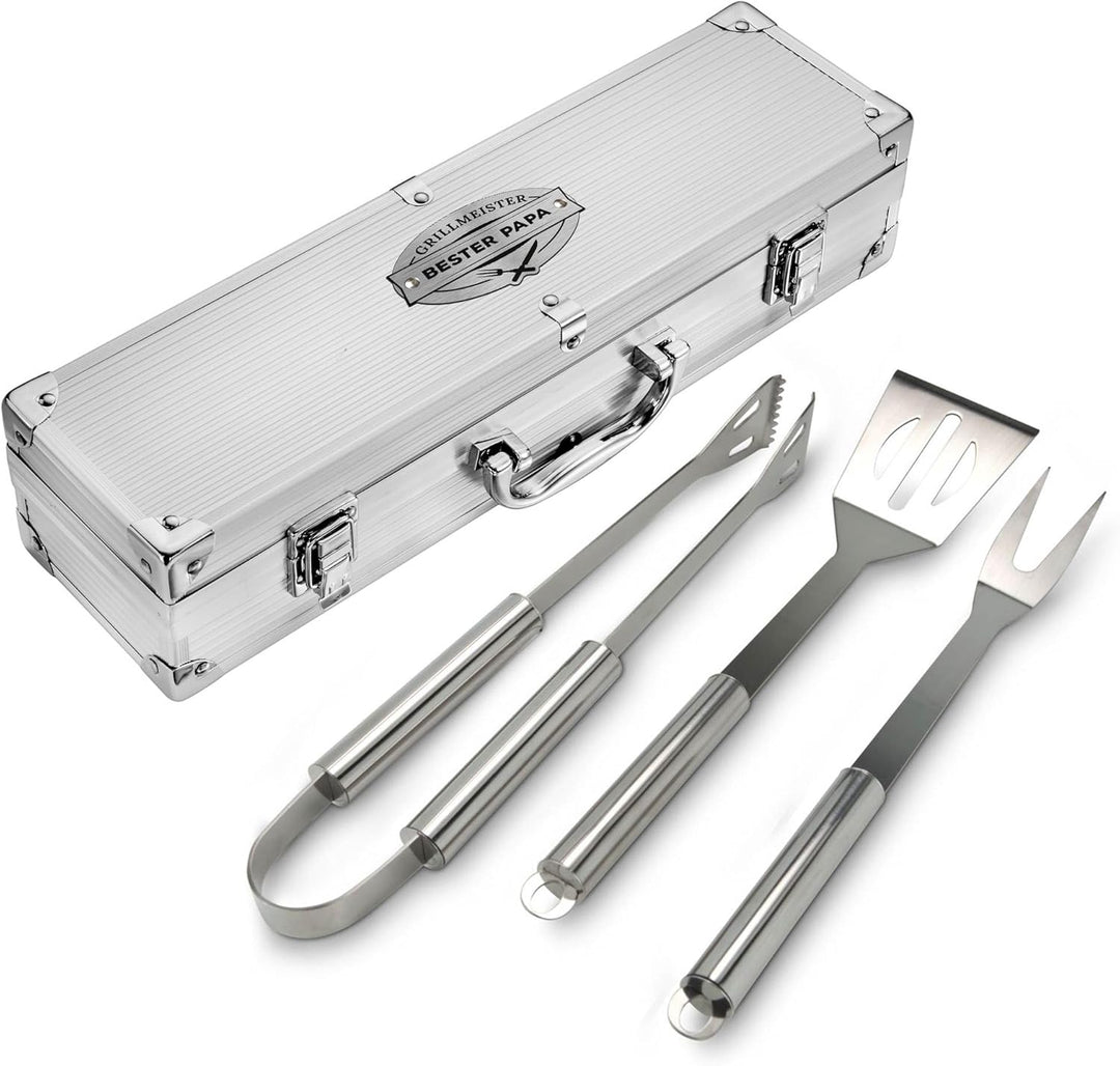 AMAVEL Grillkoffer aus Edelstahl mit Besteck und Gravur Grillmeister & Bester Papa, Pfannenwender, G