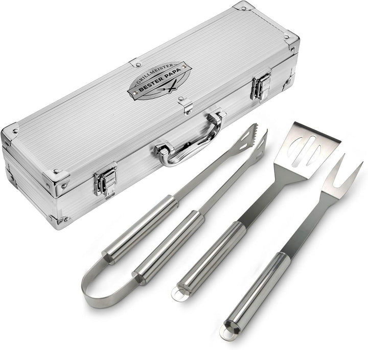 AMAVEL Grillkoffer aus Edelstahl mit Besteck und Gravur Grillmeister & Bester Papa, Pfannenwender, G