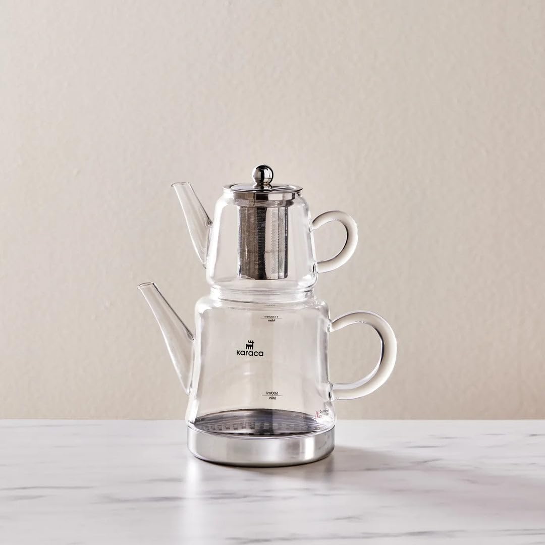 Karaca Dora Teekanne aus Glas, Kanne 450ml, Wasserkocher 180ml, Geeignet für Gas- und Elektrokochsys