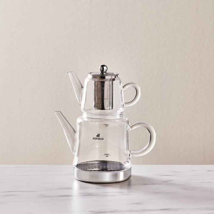 Karaca Dora Teekanne aus Glas, Kanne 450ml, Wasserkocher 180ml, Geeignet für Gas- und Elektrokochsys