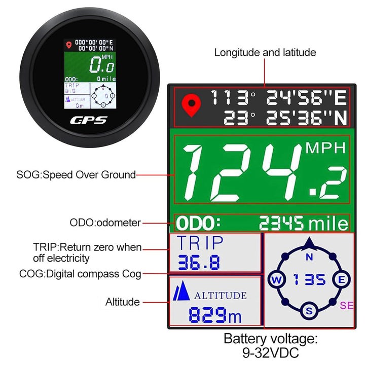 Geloo 85mm GPS Tachometer TFT einstellbar Mph Knoten Km/h Digitaler Geschwindigkeitsmesser Kilometer