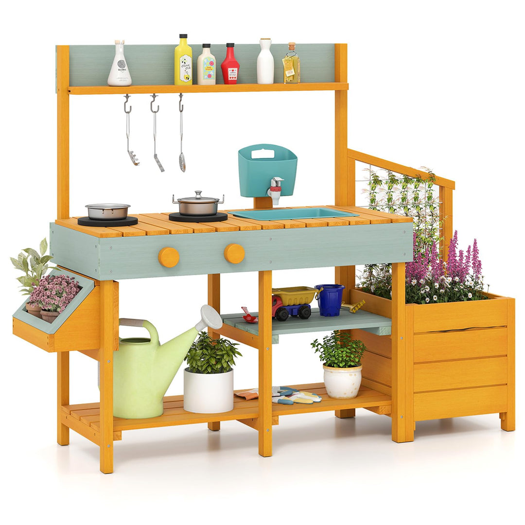 COSTWAY Matschküche Kinder Outdoor, Kinderküche mit Pflanzkasten & Rankgitter, Holzküche mit Wasserf