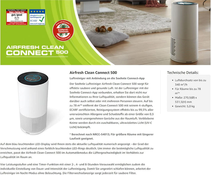 Soehnle Airfresh Clean Connect 500 Luftreiniger Allergiker, Luftfilter 99,5% von Staub Pollen Gerüch