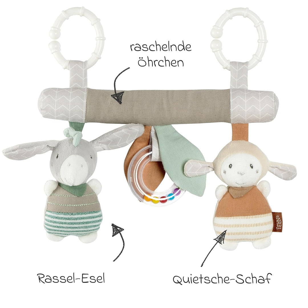 Fehn Activity-Trapez zum Aufhängen mit Schaf & Esel Tier-Anhängern - Stoff-Lernspielzeug für Babys m