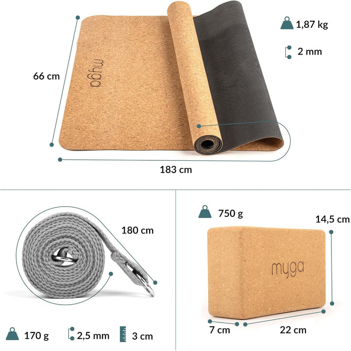 Myga Kork-Yoga-Starter-Set – Kork-Yoga-Matte, 2 Kork-Yoga-Blöcke und Yogagurt – Starter-Set mit Matt
