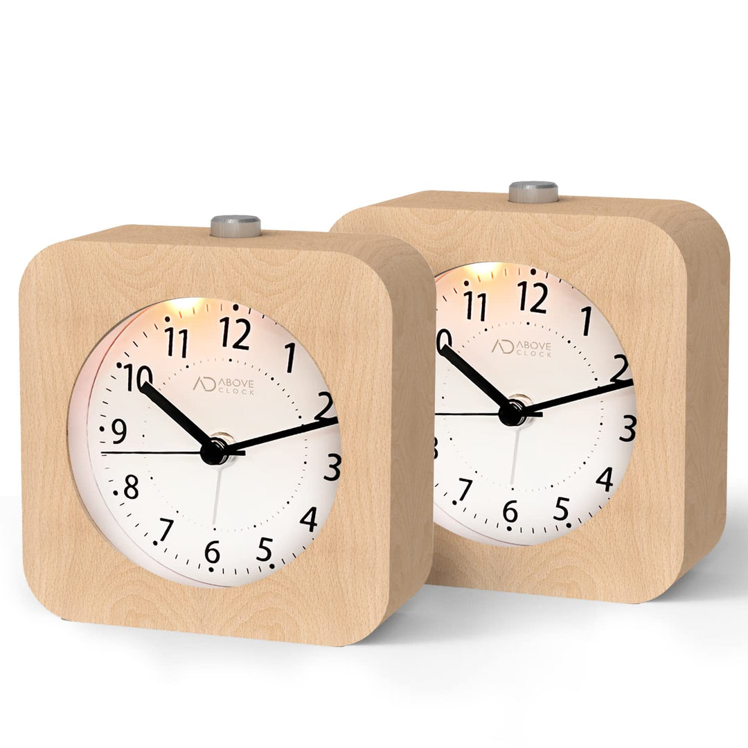 aboveClock Wecker Analog Ohne Ticken 2 Stück, Wecker Holz mit Snooze, Nachttisch Tischuhr mit Nachtl
