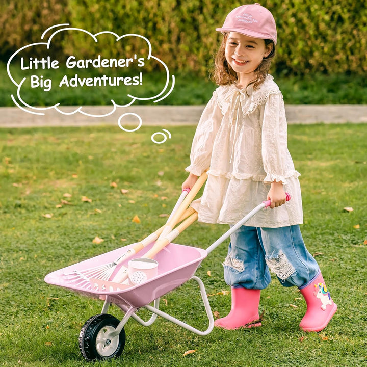 ROBUD Kinderschubkarre Metall mit Gartengeräte Set, 6-teilig Kinderschubkarre mit Langer Schaufel, R