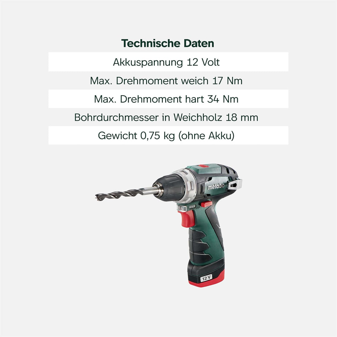 Metabo Akku-Bohrschrauber PowerMaxx BS Basic Set – 600080880 – 12 V – Mobile Werkstatt mit kompaktem