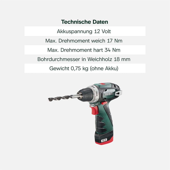 Metabo Akku-Bohrschrauber PowerMaxx BS Basic Set – 600080880 – 12 V – Mobile Werkstatt mit kompaktem