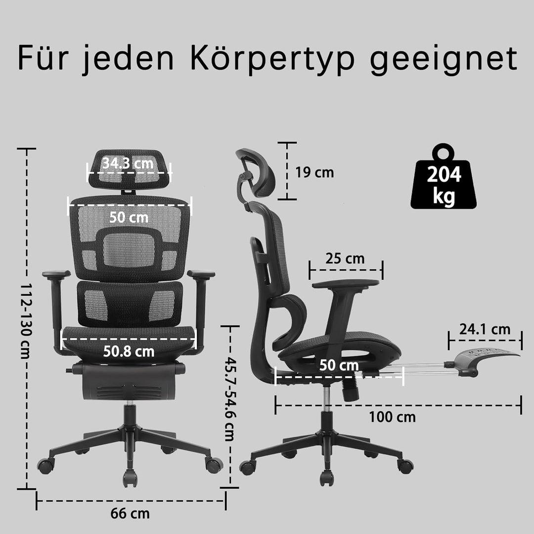 Bürostuhl Ergonomisch mit Fussstütze, 4D verstellbare Armlehnen, bequemer drehbarer Computer-Schreib