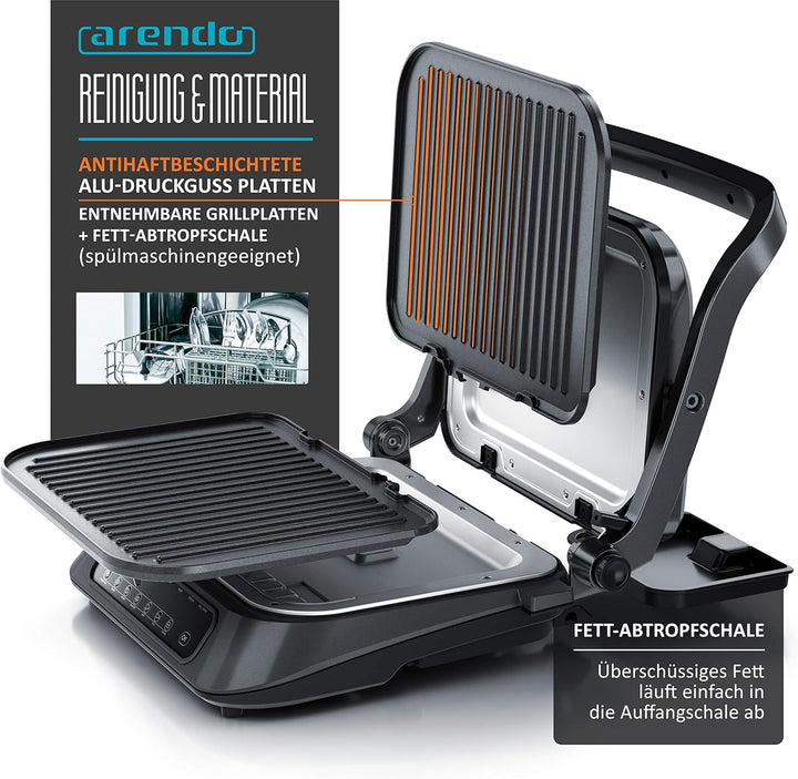 Arendo - Kontaktgrill - Elektrogrill - elektrischer Tischgrill mit Digitalsteuerung 1900 W - Sandwic
