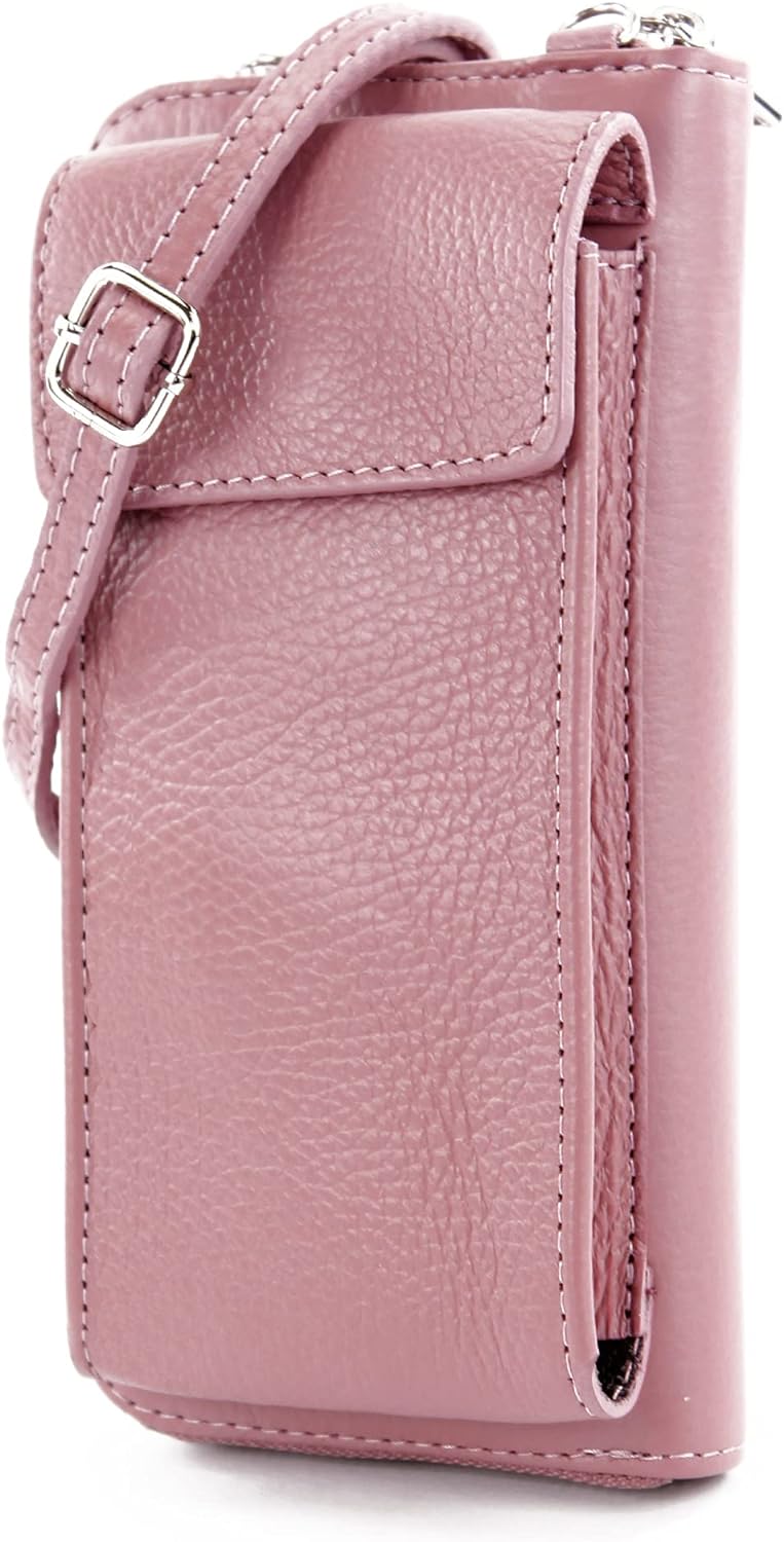 modamoda de - P06 - ital. Damen Umhängetasche Geldbörse Handytasche Leder Altrosa, Altrosa
