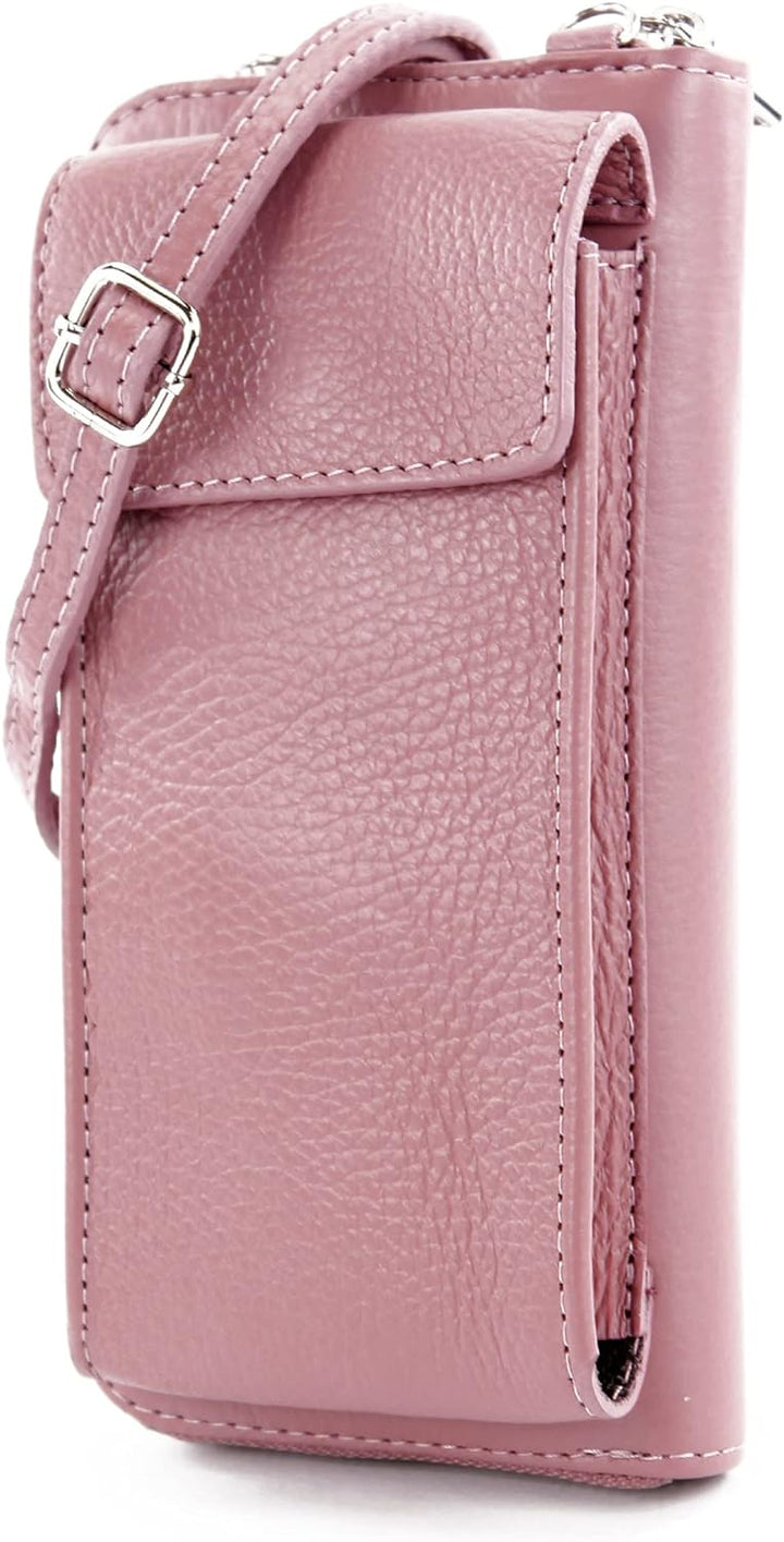 modamoda de - P06 - ital. Damen Umhängetasche Geldbörse Handytasche Leder Altrosa, Altrosa
