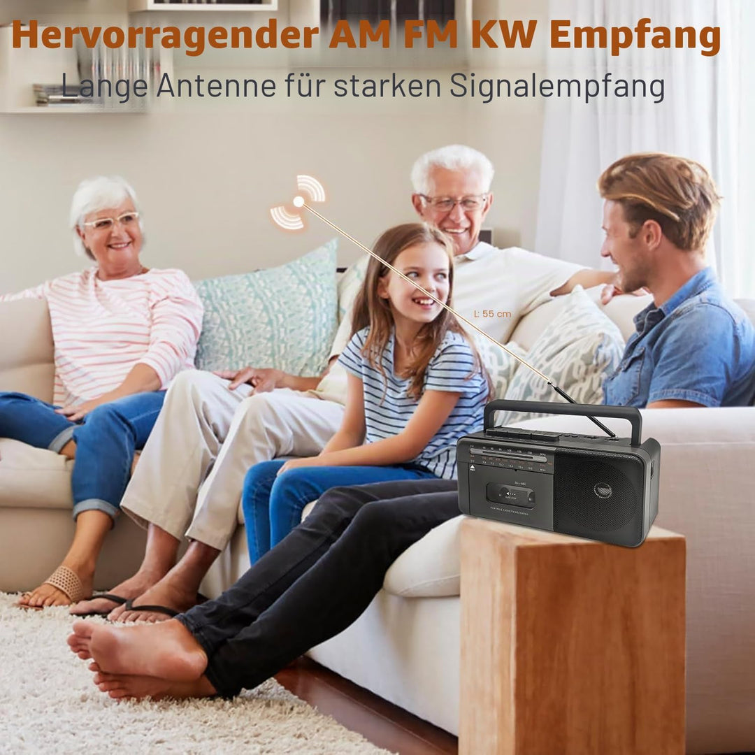 Kassettenspieler Bluetooth Boombox, Tape Recorder AM/FM/SW Radio Stereo Tape Player/Recorder mit gro