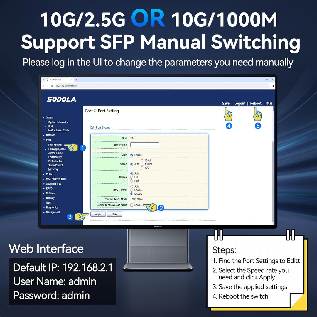 SODOLA 6 Port 10G Easy Web Managed Switch,4X 10G RJ45 + 2X 10G SFP+ Ports –LACP/QoS/VLAN/IGMP, 10Gbi