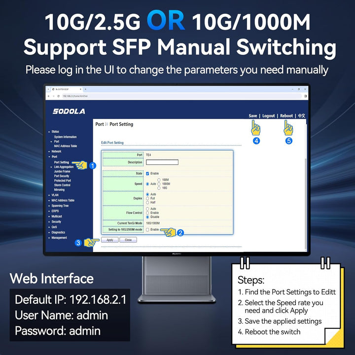 SODOLA 6 Port 10G Easy Web Managed Switch,4X 10G RJ45 + 2X 10G SFP+ Ports –LACP/QoS/VLAN/IGMP, 10Gbi