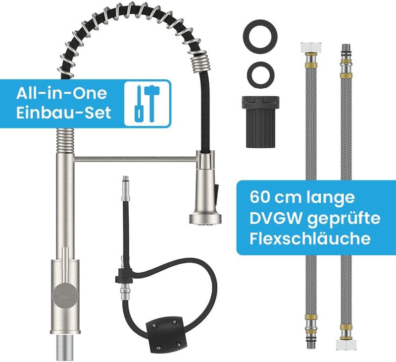 Bächlein Küchenarmatur Nedo – 360 Grad schwenkbar (gebürsteter Edelstahl) – Einhand-Spültischbatteri