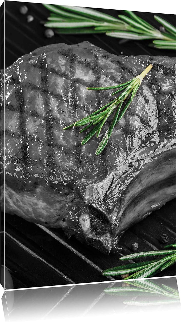 Pixxprint leckeres Rumpsteak auf Grill als Leinwandbild/Grösse: 100x70 cm/Wandbild/Kunstdruck/fertig