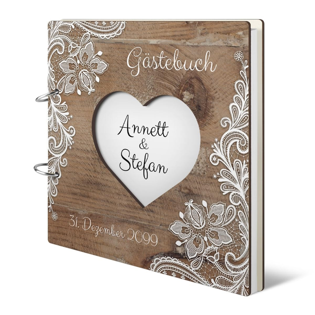 Personalisiertes Hochzeit Gästebuch - Rustikal Motiv (HDF bedruckt mit Holzmotiv und Weisser Spitze)