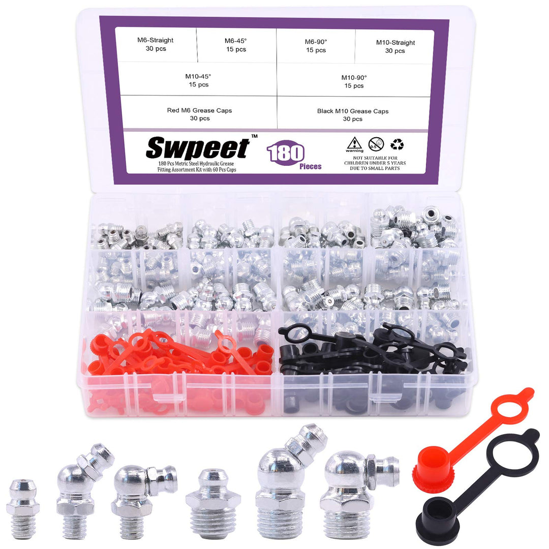 Swpeet 181 Stück hydraulische Fettverschraubung, metrische Fettverschraubung mit Kunststoff-Fettvers