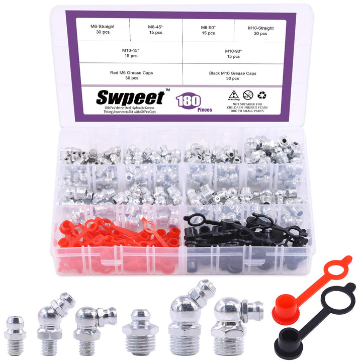 Swpeet 181 Stück hydraulische Fettverschraubung, metrische Fettverschraubung mit Kunststoff-Fettvers