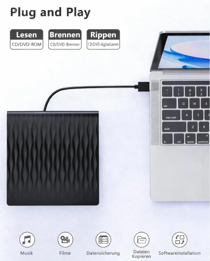 DANGZW Externes CD DVD Laufwerk, Slim Tragbarer Externer Brenner USB 3.0 Typ-C, RW CD-ROM Externe Op