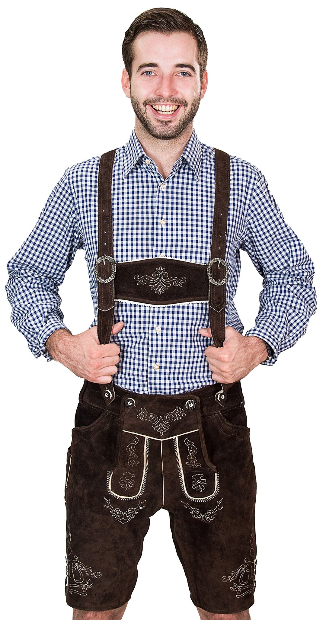 Bayerische Herren Trachten Lederhose kurz, Elegante Trachtenlederhose mit Trägern, original in Dunke