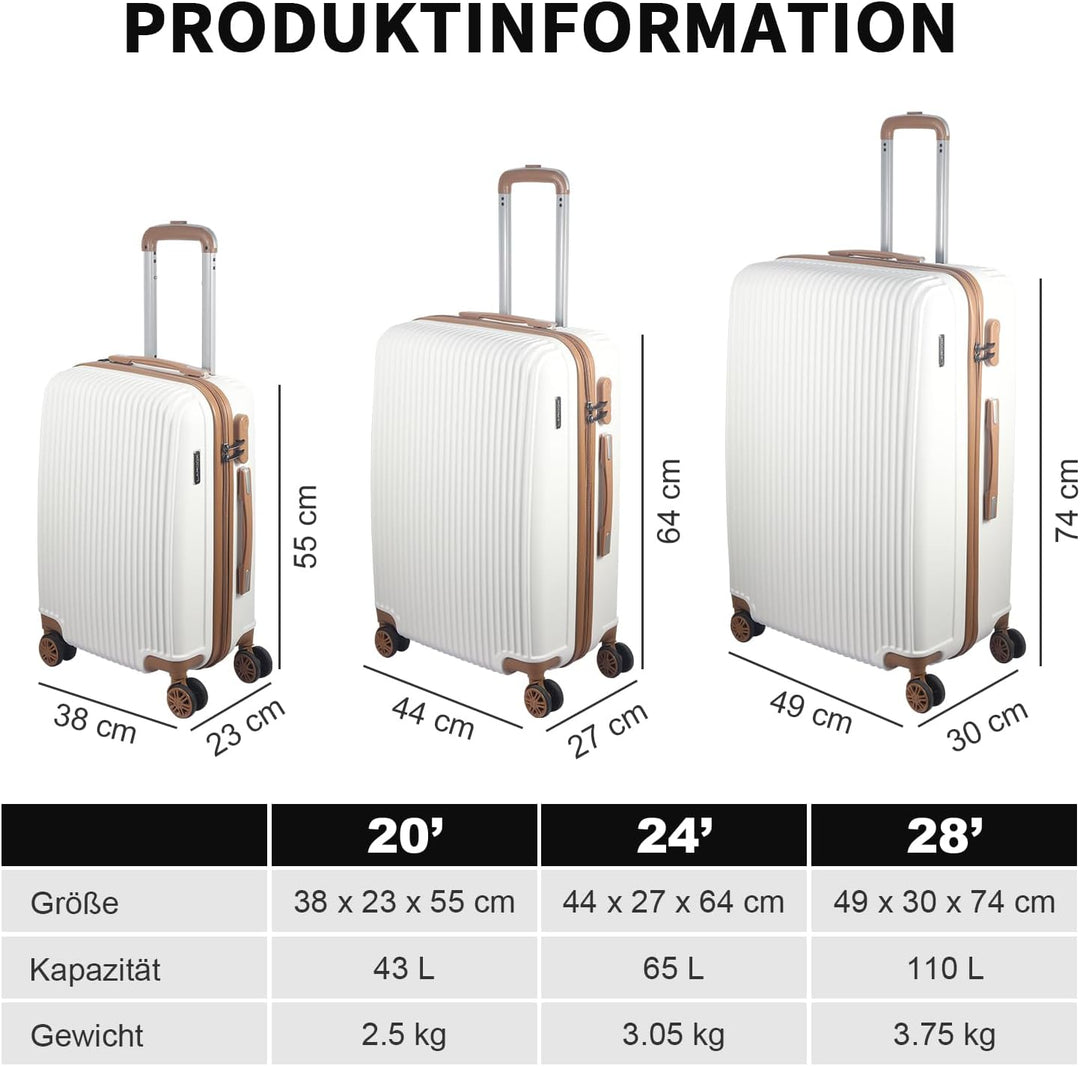 Hartschalenkoffer Set 3 Teilig, Kratzresistente Premium ABS-Hartschale, 55 64 74 cm, 360-Grad-Doppel